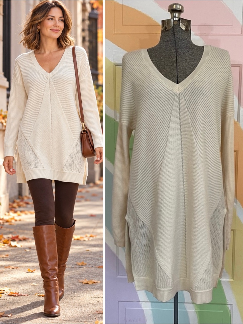 QUINN 100% Wool Cream V-Neck Textured Panel Sweater Tunic Size M🧡🎀
